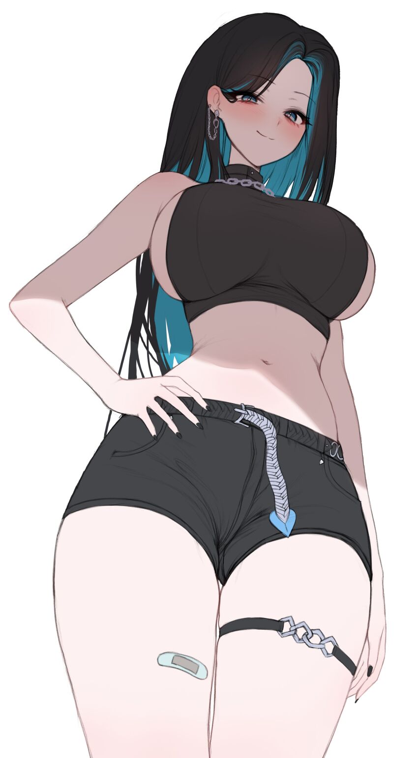 1girl absurdres bandaid bandaid_on_leg bare_arms bare_shoulders black_hair black_shirt black_shorts blue_eyes blue_hair breasts closed_mouth colored_inner_hair commentary_request commission cowboy_shot crop_top ear_piercing from_below hand_on_own_hip highres jewelry korean_commentary large_breasts long_hair looking_at_viewer midriff multicolored_hair navel original piercing shirt short_shorts shorts sideboob simple_background sleeveless sleeveless_shirt smile solo stomach thigh_strap thighs white_background yulmumas