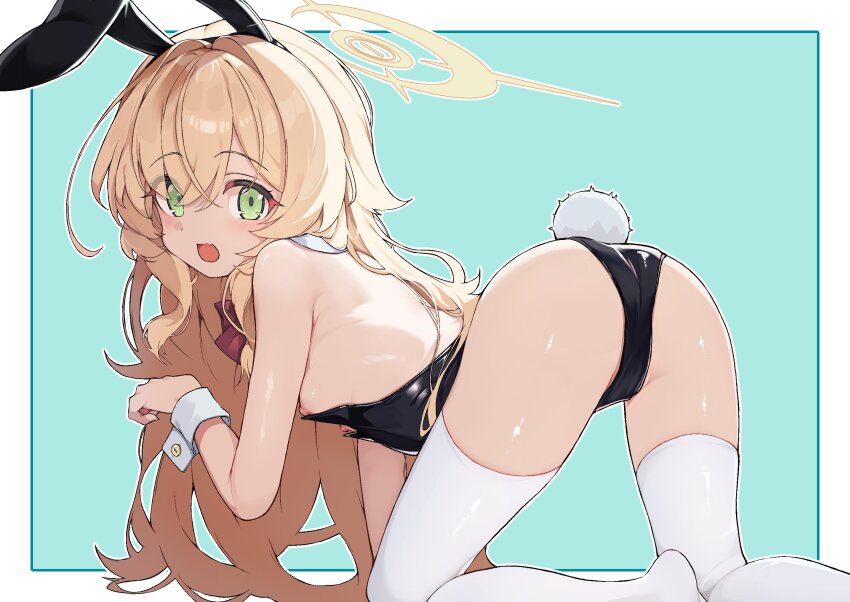 1girl all_fours alternate_costume animal_ear_hairband animal_ears aqua_background ass bare_back bare_shoulders black_hairband black_leotard blonde_hair blue_archive blue_border border bow bowtie breasts crossed_bangs detached_collar dot_nose fake_animal_ears fake_tail fang female_focus foot_out_of_frame from_behind green_eyes hair_between_eyes hairband halo hand_up highleg highleg_leotard highres leotard loli long_bangs long_hair looking_at_viewer looking_back nipple_slip nipples no_shoes open_mouth outside_border oversized_breast_cup parted_bangs playboy_bunny professor_niyaniya_(blue_archive) rabbit_ear_hairband rabbit_ears rabbit_tail red_bow red_bowtie shiny_skin simple_background skin_fang small_breasts smile solo strapless strapless_leotard tail teranekosu thighhighs thighs turning_head very_long_hair white_thighhighs white_wrist_cuffs wrist_cuffs yellow_halo zettai_ryouiki