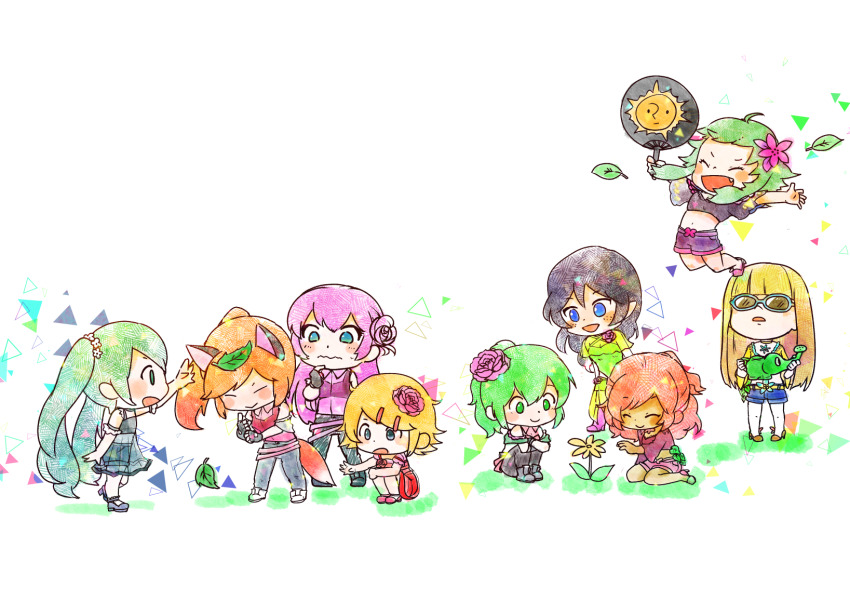 6+girls aqua_eyes aqua_hair avanna bare_shoulders black_boots black_hair black_pants black_shirt blonde_hair blue-framed_eyewear blue_dress blue_eyes blue_shirt blue_shoes blue_shorts blush_stickers boots breasts chibi chibi_only cleavage closed_eyes closed_mouth collared_shirt crop_top cyber_diva daina_(vocaloid) dark-skinned_female dark_skin denim dress evergreen_(vocaloid) fang flower freckles frilled_wrist_cuffs frills glasses green_eyes green_hair green_jacket green_shirt gumi hair_flower hair_ornament hairclip hand_fan hatsune_miku high_heels highres holding holding_fan holding_watering_can jacket jam_kl jeans jumping kagamine_rin leaf megurine_luka multiple_girls open_clothes open_jacket open_mouth pants pink_boots pink_flower pink_hair pink_jacket pink_shirt pink_shorts pointy_ears purple_shorts red_bag ruby_(vocaloid) see-through_clothes see-through_dress shirt shoes short_sleeves shorts sitting sonika vocaloid watering_can white_background white_flower white_shirt white_shoes wide_sleeves wrist_cuffs yellow_dress yellow_flower yellow_shirt