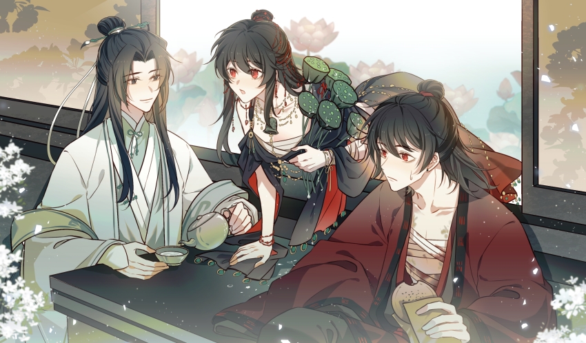 1girl 2boys absurdres artist_request bandaged_chest bandages bell black_dress black_eyes black_hair black_hanfu bracelet chain chest_sarashi chinese_clothes chinese_commentary coat collarbone commission cup dao_gui_yi_xian dress dual_persona earrings facial_mark falling_petals flower food genderswap genderswap_(mtf) gold_chain hair_bun hair_ornament hair_stick half_updo hanfu highres holding holding_food holding_plant holding_teapot indoors jewelry li_huowang light_particles lily_pad long_hair long_sleeves looking_at_another lotus lotus_pod multiple_boys neck_bell necklace open_clothes open_robe paintbrush_hair_ornament petals plant red_coat red_eyes robe sarashi second-party_source single_bare_shoulder single_hair_bun sitting smile sweatdrop table teapot white_flower white_hanfu window xiao_guan_(headdress) zhuge_yuan