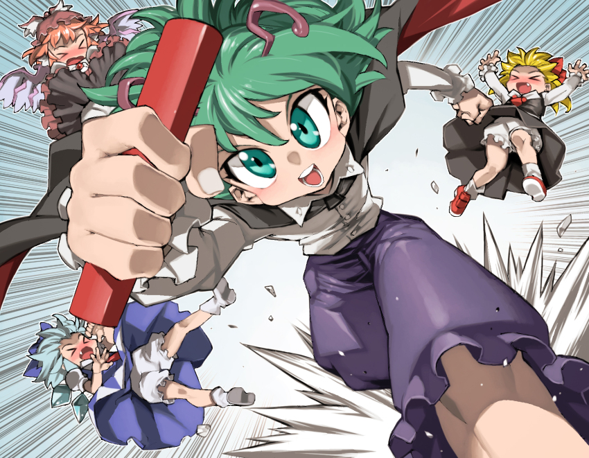 &gt;_&lt; 4girls :d antennae black_cape black_skirt black_vest blonde_hair bloomers blue_bow blue_dress blue_hair blush bow cape cirno closed_eyes collared_shirt commentary_request dress fang feet_out_of_frame frilled_sleeves frills green_hair highres holding ice ice_wings long_sleeves looking_at_viewer motion_lines multiple_girls mystia_lorelei open_mouth pink_hair purple_shorts red_cape relay_baton rumia running shirt short_hair shorts skirt smile solo_focus team_9_(touhou) touhou two-sided_cape two-sided_fabric underwear vest white_bloomers white_shirt winged_hat wings wriggle_nightbug xd ysk!