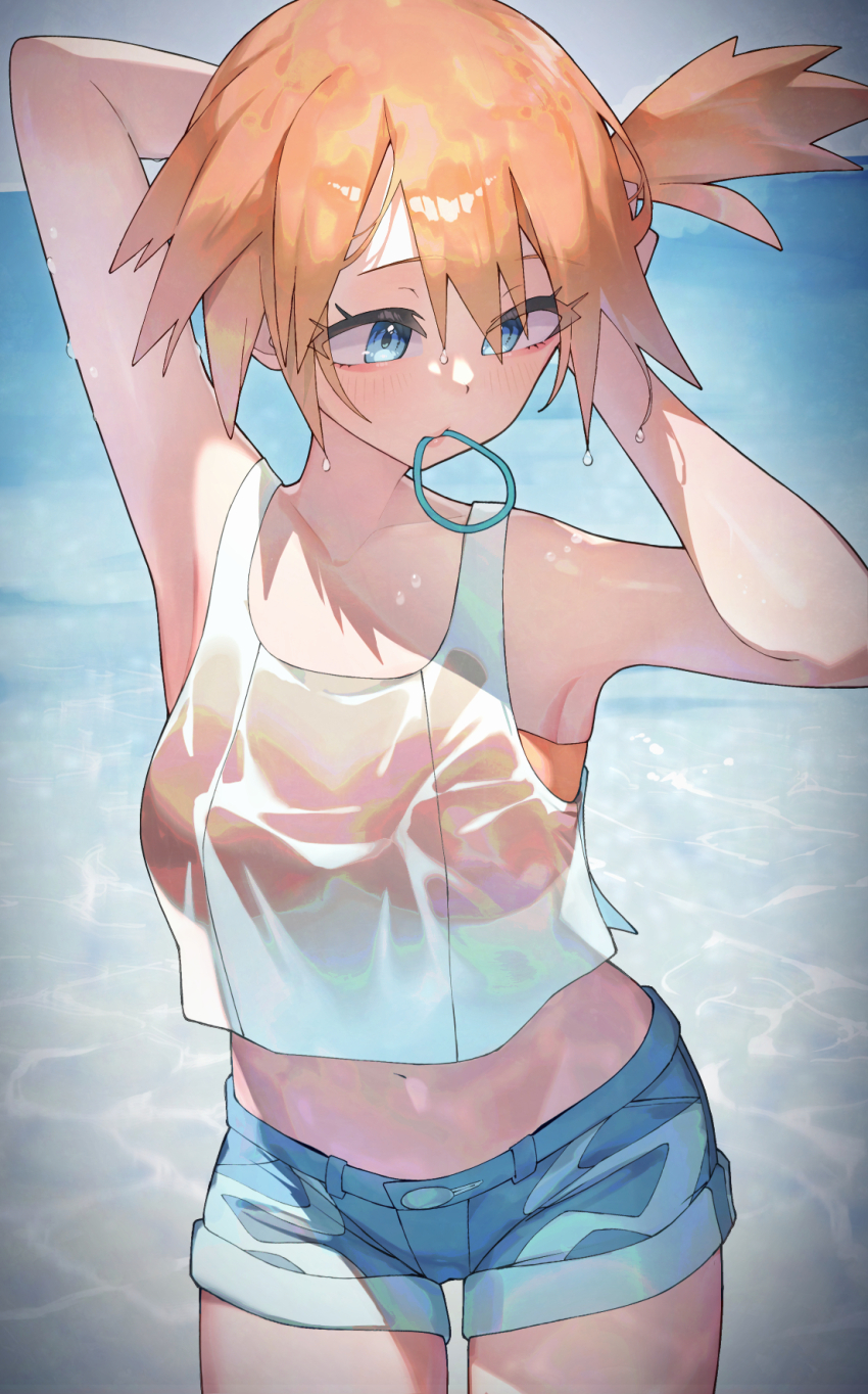 1girl armpits arms_up bandeau bikini bikini_under_clothes blue_eyes blue_shorts breasts crop_top denim denim_shorts hair_tie hair_tie_in_mouth highres midriff misty_(pokemon) mouth_hold navel nintendo orange_hair pokemon pokemon_lgpe rindoriko shirt short_hair short_shorts shorts side_ponytail solo swimsuit wet wet_clothes white_shirt