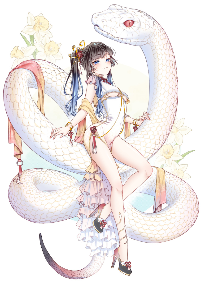 1girl :3 animal blue_eyes blue_hair bracelet breasts carrot_(robosquat) chinese_zodiac covered_navel flower gradient_hair hair_intakes hair_ornament high_heels highres jewelry medium_breasts multicolored_hair nadeshiko_(carrot_robosquat) new_year original oversized_animal sash side_slit sidelocks single_sidelock snake solo tassel twintails underboob year_of_the_snake