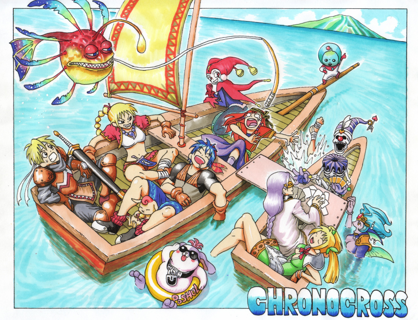 absurdres blonde_hair blue_hair braid breasts chrono_(series) chrono_cross day fish funtarunta glenn gloves guile_(chrono_cross) harle_(chrono_cross) highres hoshi_no_ko kid_(chrono_cross) leena_(chrono_cross) long_hair marker_(medium) mermaid midriff millipen_(medium) monster monster_girl multi-tied_hair multiple_boys multiple_girls ocean orlha outdoors outside_border pen_(medium) pip ponytail poshul retro_artstyle short_hair skelly traditional_media