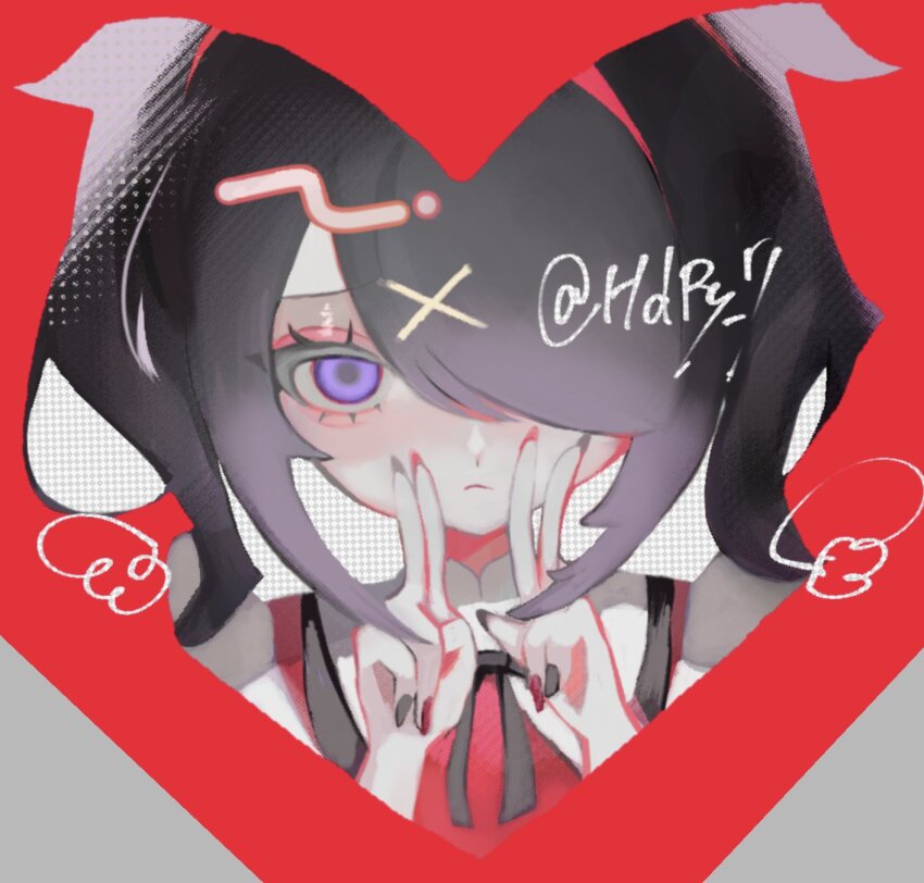 1girl ame-chan_(needy_girl_overdose) ben-day_dots black_hair border drawn_wings frown grey_background hair_over_one_eye heart highres index_finger_raised looking_at_viewer naishukketsukata neck_ribbon needy_girl_overdose ornate_border purple_eyes ribbon screentones short_twintails sidelocks solo twintails upper_body |_|