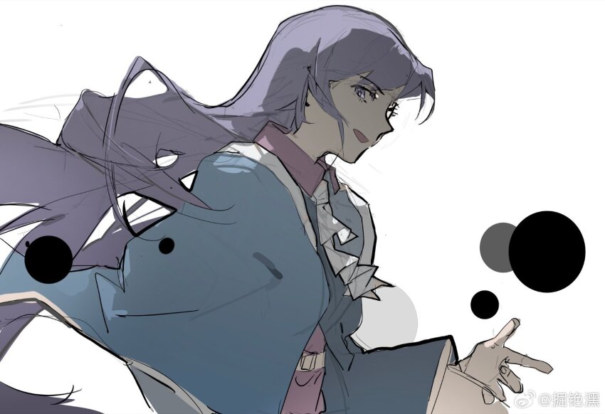 1other androgynous ascot belt belt_buckle blue_capelet blue_coat buckle capelet chinese_commentary clause_(len&#039;en) coat collared_shirt commentary_request corallo cowboy_shot eyelashes fingernails floating_clothes floating_hair len&#039;en long_hair long_sleeves looking_at_viewer open_mouth other_focus outstretched_hand pink_shirt purple_eyes purple_hair shirt simple_background smile solo very_long_hair watermark weibo_watermark white_ascot white_background white_belt wide_sleeves