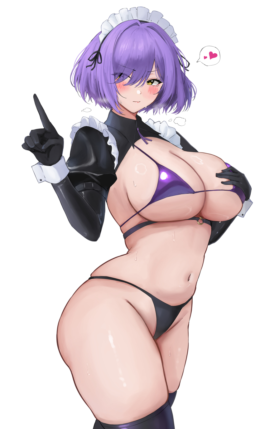 1girl absurdres azur_lane bikini black_shrug blush breasts cleavage closed_mouth cowboy_shot gloucester_(azur_lane) gloucester_(violet_enrapturement)_(azur_lane) hair_between_eyes hair_intakes heart highres index_finger_raised juliet_sleeves large_breasts latex latex_legwear long_sleeves looking_at_viewer navel official_alternate_costume puffy_sleeves purple_bikini short_hair shrug_(clothing) simple_background skindentation solo soul_(dp11) spoken_heart stomach sweat swimsuit thick_thighs thighs white_background white_wrist_cuffs wrist_cuffs