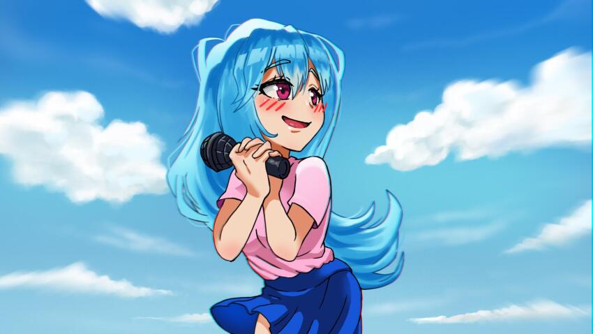 1girl artist_request banner blue_hair blue_sky blush friday_night_funkin&#039; happy heart highres holding looking_to_the_side non-web_source open_mouth pink_eyes purple_eyes shirt skirt sky sky_(friday_night_funkin&#039;) smile solo white_shirt