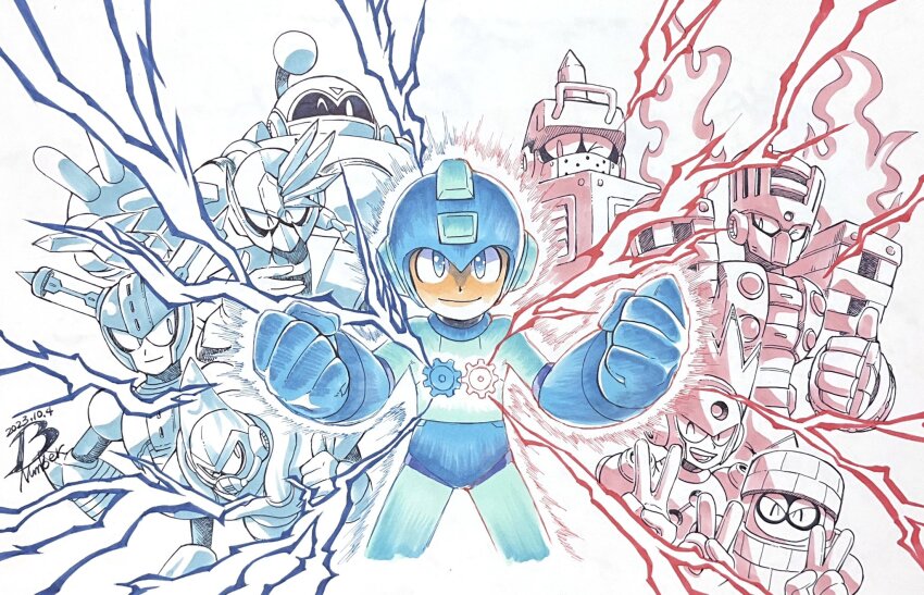 6+boys acid_man anniversary artist_logo blast_man block_man blue_bodysuit blue_eyes blue_headwear bodysuit bounce_man dated double_v electricity fire forehead_jewel fuse_man gears happy helmet highres humanoid_robot impact_man logo mega_man_(character) mega_man_(classic) mega_man_(series) mega_man_11 multiple_boys one_eye_closed pn13ban robot spikes thumbs_up torch_man tundra_man v
