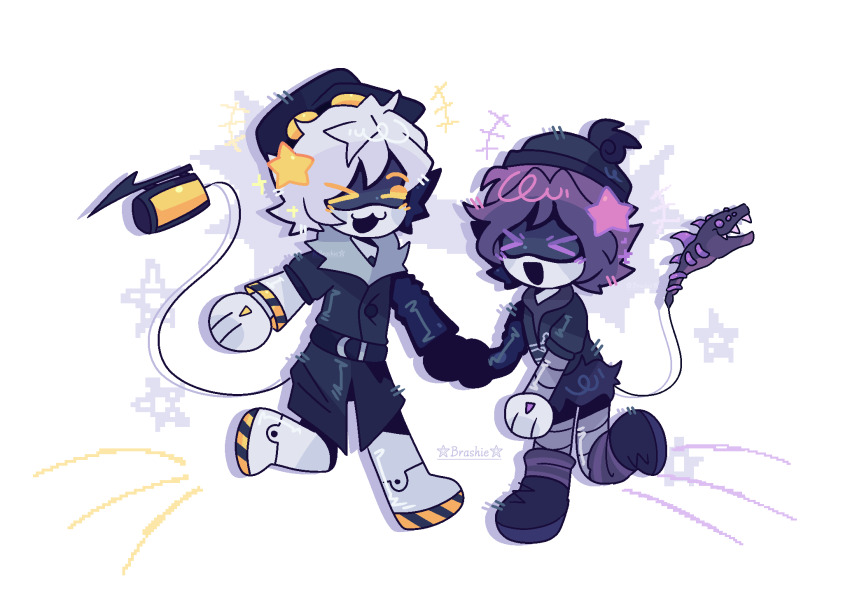 &gt;_&lt; 1boy 1girl beanie_hat blush boots chibi choker coat glitch_productions hat highres hood hoodie monster_tail murder_drones n_(murder_drones) no_humans purple_eyes purple_hair robot striped_legwear tail uzi_(murder_drones) yellow_eyes