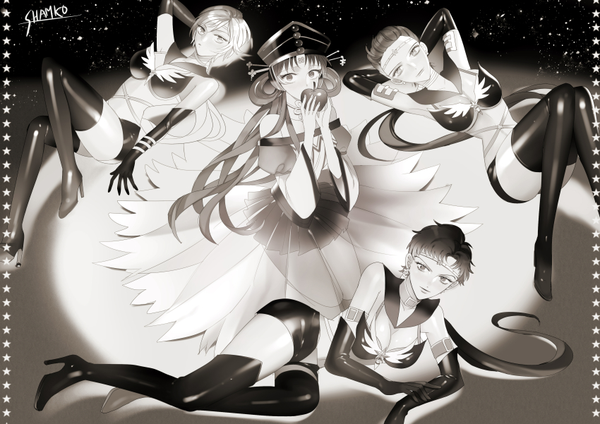 1990s_(style) 4girls absurdres apple arms_behind_head artist_name bishoujo_senshi_sailor_moon bishoujo_senshi_sailor_moon_sailor_stars bishoujo_senshi_sailor_moon_stars black_footwear black_gloves black_legwear black_shorts boots buckle circlet covering_own_mouth elbow_gloves food fruit gloves hair_rings hat high_heel_boots high_heels highres low_ponytail lying monochrome multiple_girls ponytail princess_kakyuu retro_artstyle sailor_star_fighter sailor_star_healer sailor_star_maker seiya_kou shamko short_shorts shorts signature sitting star_(symbol) taiki_kou thigh_boots thighhighs yaten_kou