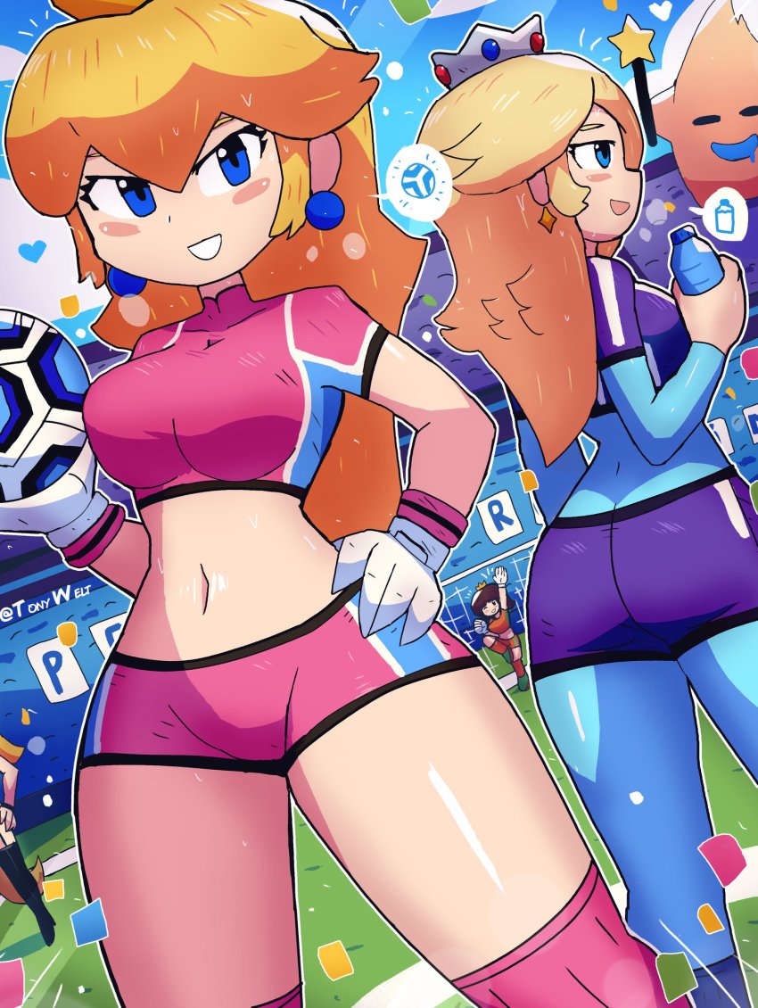 3girls ball blonde_hair blue_eyes breasts brown_hair crop_top crown earrings gloves highres hungry_luma_(super_mario_galaxy) jewelry long_hair long_sleeves mario_(series) mario_strikers:_battle_league mario_strikers_(series) micro_shorts multiple_girls nintendo ponytail princess_daisy princess_peach rosalina short_sleeves shorts soccer_ball soccer_field soccer_uniform sportswear star_(symbol) super_mario_galaxy super_mario_strikers thick_thighs thighs tony_welt