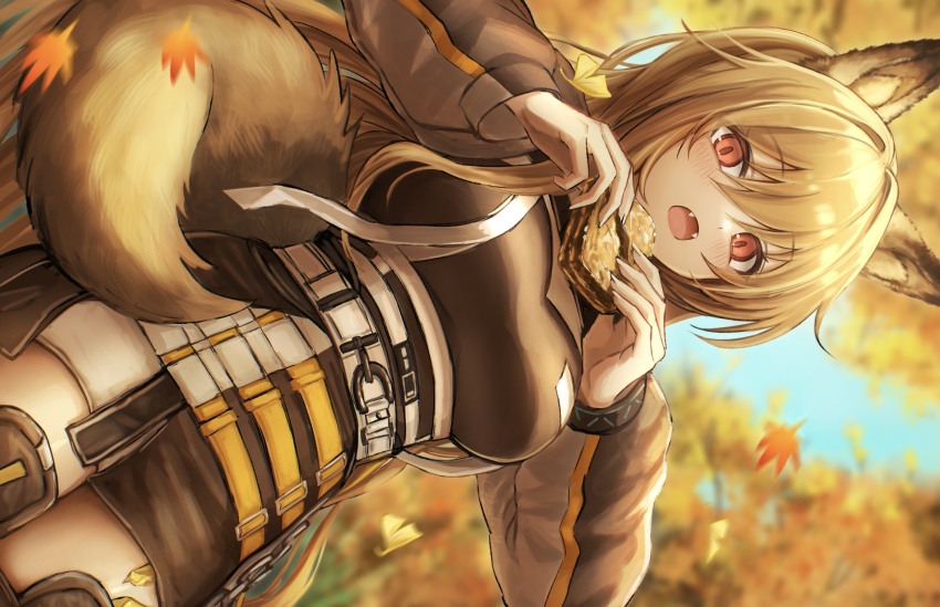 1girl 3_(sanyako1) absurdres animal_ears arknights autumn_leaves baklava black_dress boots brown_hair ceobe_(arknights) dog_ears dog_girl dress eating fangs food hair_intakes highres holding holding_food jacket leaf long_hair long_sleeves looking_at_viewer multicolored_jacket open_mouth outdoors red_eyes solo thigh_boots two-tone_jacket