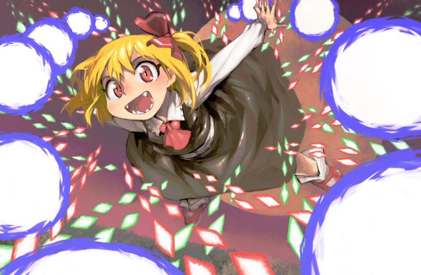 1girl :d ascot black_skirt black_vest blonde_hair collared_shirt commentary_request danmaku duplicate embodiment_of_scarlet_devil flying frilled_shirt_collar frills full_moon hair_between_eyes hair_ribbon legs_apart long_skirt long_sleeves mary_janes moon one_side_up open_mouth outstretched_arms pixel-perfect_duplicate red_ascot red_eyes red_moon red_ribbon red_shoes ribbon rumia sharp_teeth shirt shoes short_hair skirt skirt_set smile socks solo teeth tongue touhou vest white_shirt white_socks ysk!