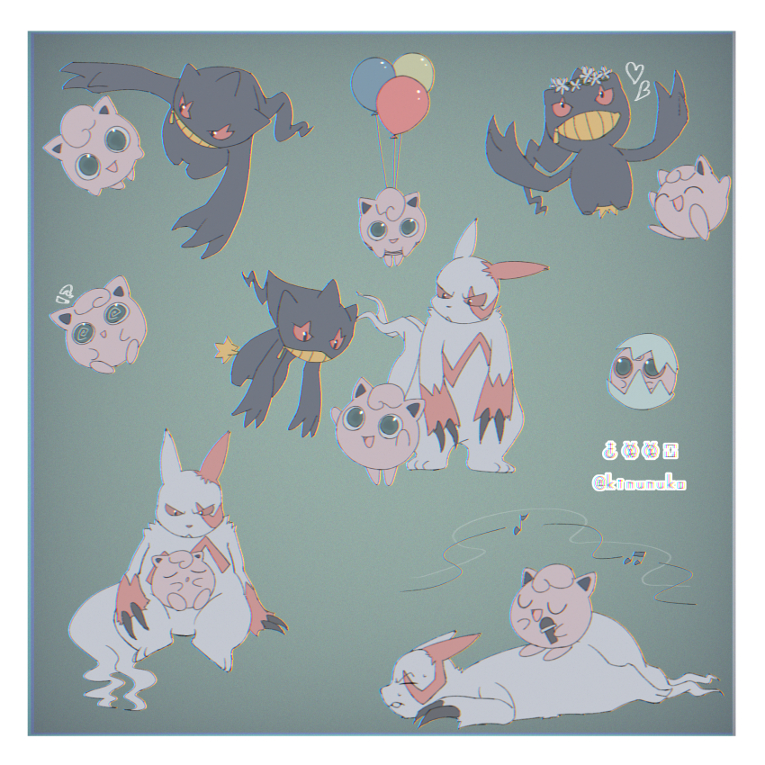 !? 2others :&lt; @_@ aged_down animal_feet animal_hands aqua_eyes arm_at_side artist_name balloon banette black_eyes black_skin body_fur border chromatic_aberration claws clenched_teeth closed_eyes closed_mouth colored_sclera colored_skin creatures_(company) eggshell eggshell_hat eye_contact floating flower from_side furrowed_brow furry game_freak gen_1_pokemon gen_2_pokemon gen_3_pokemon green_background hand_on_own_leg hands_up happy head_wreath heart highres holding holding_microphone igglybuff jigglypuff kinunuko looking_at_another looking_down looking_up lying microphone multiple_others multiple_views music musical_note nintendo on_stomach open_mouth other_focus pokemon pokemon_(creature) profile red_fur red_sclera simple_background singing sitting sitting_on_lap sitting_on_person sleeping smile standing_on_person straight-on sweat teeth twitter_username two-tone_fur u_u watermark white_border white_flower white_fur zangoose zipper_pull_tab