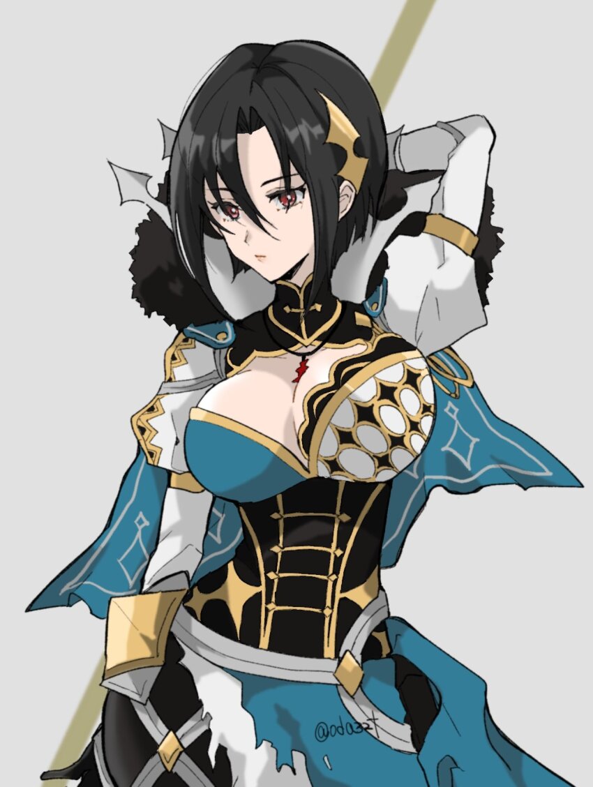 1girl black_hair blue_capelet breasts capelet cleavage closed_mouth fire_emblem fire_emblem_engage hair_between_eyes highres holding holding_behind_back holding_polearm holding_polearm_behind_back holding_weapon holding_weapon_behind_back large_breasts long_sleeves looking_at_viewer nel_(fire_emblem) nintendo oda32t polearm red_eyes short_hair solo twitter_username weapon
