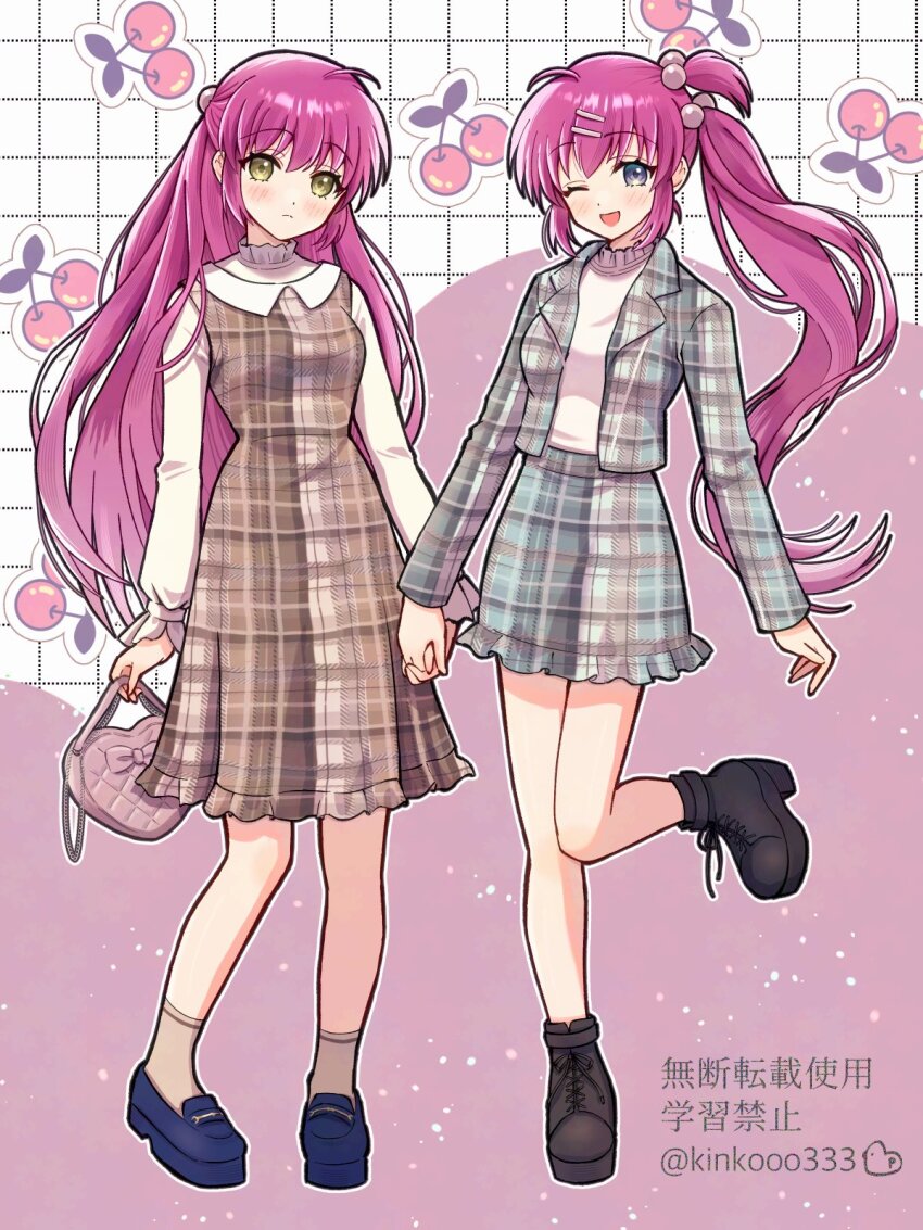 2girls ;d ahoge alternate_costume bag black_footwear blue_eyes blue_footwear blush boots brown_dress casual cherry_print commentary dress expressionless floating_hair food_print frilled_skirt frills fruit_print full_body futaki_kanata hair_ornament hairclip half_updo handbag happy highres holding_hands jacket little_busters! long_hair long_sleeves looking_at_viewer multiple_girls one_eye_closed one_side_up open_clothes open_jacket open_mouth piyo_(kinkooo333) plaid_clothes plaid_dress plaid_skirt purple_hair saigusa_haruka shirt siblings side_ponytail simple_background sisters skirt smile standing standing_on_one_leg twins twitter_username very_long_hair white_shirt yellow_eyes