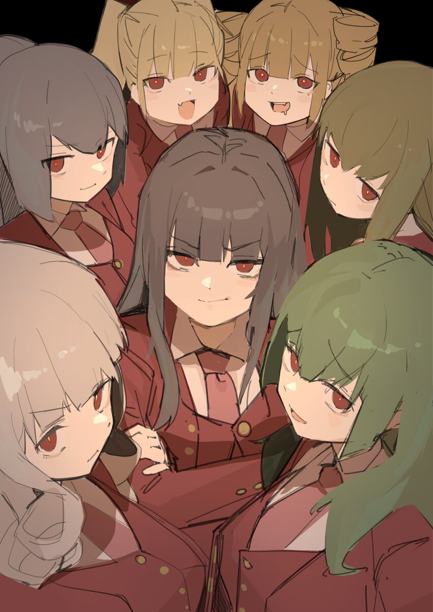 6+girls absurdres asmodeus_(umineko) beelzebub_(umineko) belphegor_(umineko) black_background black_hair blazer blonde_hair blunt_bangs brown_hair buttons collared_shirt crossed_arms double-breasted drill_hair drooling fang from_above green_hair highres jacket leviathan_(umineko) long_hair looking_at_viewer lucifer_(umineko) mammon_(umineko) motaing multiple_girls necktie ponytail red_eyes red_jacket red_necktie satan_(umineko) shirt skin_fang smile stakes_of_purgatory twintails umineko_no_naku_koro_ni white_hair white_shirt