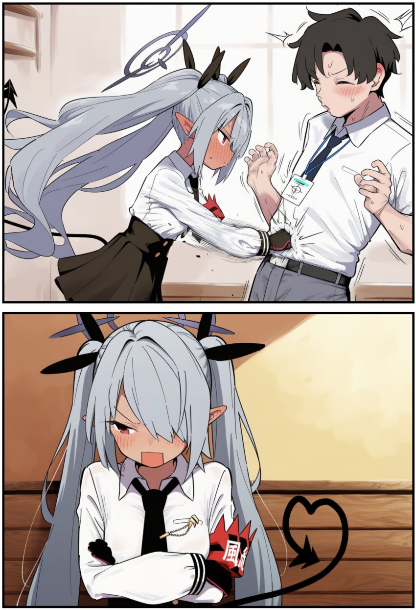 1boy 1girl absurdres armband black_gloves black_skirt blue_archive blush dark-skinned_female dark_skin demon_tail embarrassed gloves grey_hair hair_ribbon halo heart heart_tail highres id_card iori_(blue_archive) long_hair looking_down necktie open_mouth pointy_ears ponconyan punching red_eyes ribbon sensei_(blue_archive) sensei_(blue_archive_the_animation) skirt tail twintails