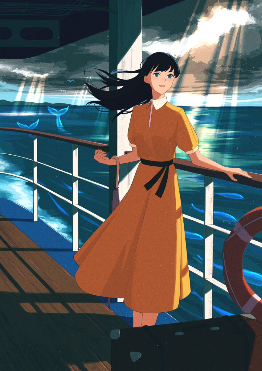 1girl bird black_hair black_sash blue_eyes cloud cloudy_sky dress highres hill lifebuoy long_dress long_hair looking_afar ocean open_mouth original sash seagull ship ship_deck sky solo standing suisui_suiro sunlight swim_ring watercraft whale yellow_dress