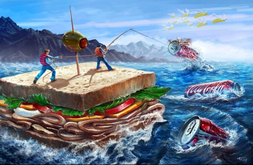 2boys bread can cheese chips_(food) coca-cola day drink_can epic fishing fishing_rod food food_focus ham hat highres killingspr lettuce male_focus mountain multiple_boys ocean olive onion original oversized_food oversized_object product_placement salad sandwich signature sky soda_can surreal tomato toothpick water waves what