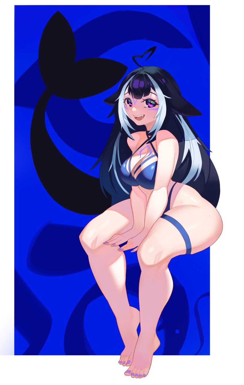 1girl absurdres ahoge barefoot bikini black_hair blue_bikini blue_collar body_markings border breasts cetacean_tail chest_tattoo cleavage collar facial_tattoo fangs feet fins fish_tail full_body heart heart_ahoge highres indie_virtual_youtuber large_breasts long_hair looking_at_viewer multicolored_hair open_mouth orca_girl outside_border purple_eyes purple_nails roxy_thefoxy shylily shylily_(bikini) simple_background smile solo streaked_hair swimsuit tail tattoo two-tone_hair v_arms very_long_hair virtual_youtuber whale_girl white_border white_hair