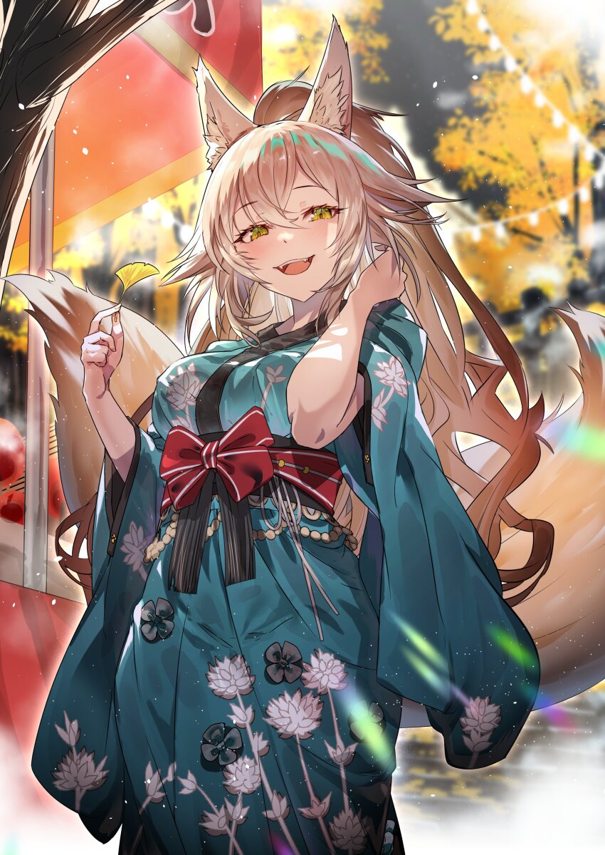 1girl absurdres animal_ear_fluff animal_ears blonde_hair blurry blurry_background blush breasts commission floral_print floral_print_kimono food_stand fox_ears fox_girl fox_tail ginkgo_leaf ginkgo_tree green_kimono hair_between_eyes highres holding holding_leaf japanese_clothes kimono kobachi_(bachi_58) large_breasts leaf long_hair looking_at_viewer multiple_tails night obi open_mouth original outdoors ponytail print_kimono sash skeb_commission solo suirin_(tukikagerou) tail teeth upper_teeth_only wide_sleeves yatai yellow_eyes yukata