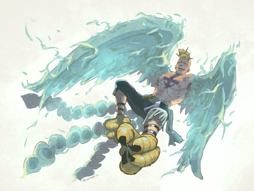 1boy alternate_form anchor_symbol blonde_hair blue_wings chest_tattoo claws commentary_request devil_fruit_power full_body glasses harpy_boy male_focus marco_(one_piece) monster_boy ohthekin one_piece phoenix_wings sash smile tail tattoo topless_male twitter_username wings
