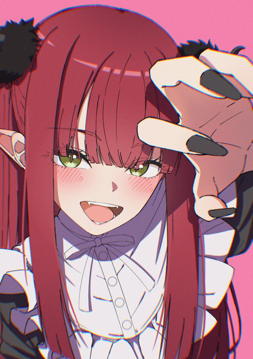 1girl :d absurdres bib_collar black_nails blush claw_pose commentary_request eyelashes fangs fingernails ganetto29 green_eyes highres long_fingernails long_hair nail_polish open_mouth pink_background pointy_ears red_hair rizu-kyun simple_background smile solo sono_bisque_doll_wa_koi_wo_suru upper_body