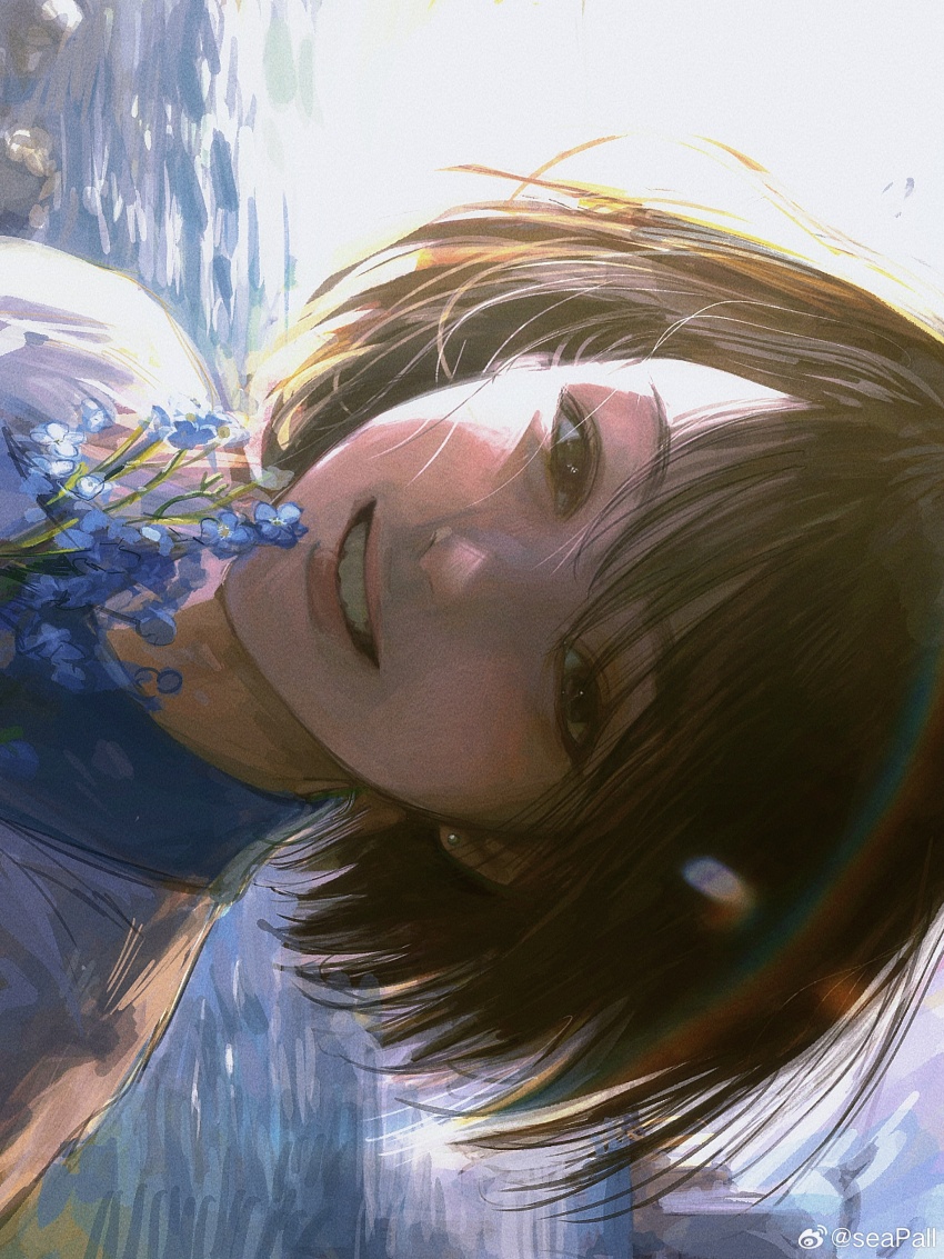 1girl absurdres artist_name blue_flower brown_eyes brown_hair clenched_teeth flower hair_between_eyes highres looking_at_viewer original outdoors portrait seapall short_hair sidelocks smile solo teeth watermark weibo_watermark