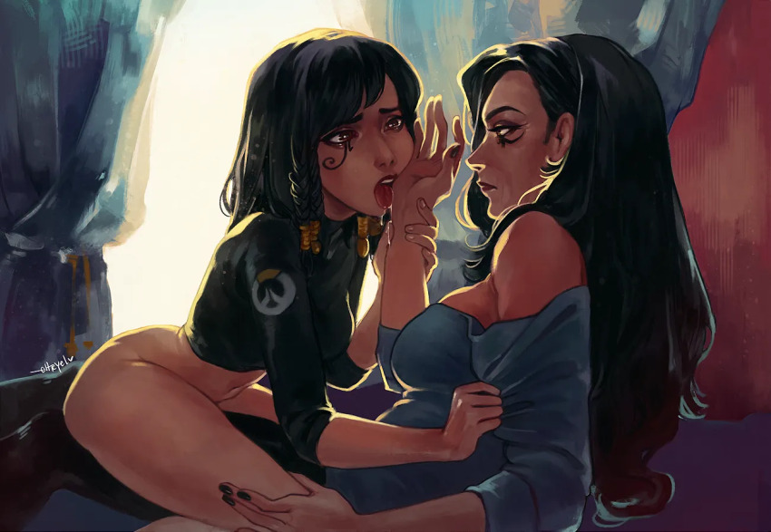 2girls ahegao ana_(overwatch) black_hair black_nails black_sweater blue_sweater bottomless breasts brown_eyes curtains ehryel girl_on_top incest licking licking_hand long_hair long_sleeves mother_and_daughter multiple_girls open_mouth overwatch overwatch_(logo) overwatch_1 pharah_(overwatch) sitting sitting_on_lap sitting_on_person sweater tongue tongue_out yuri