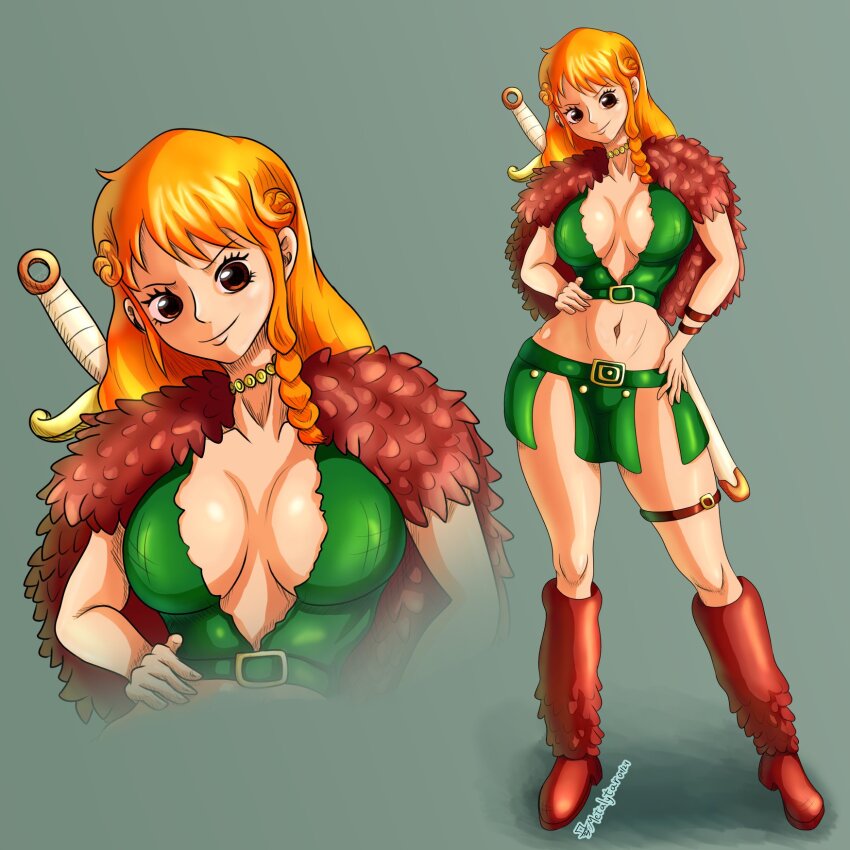 1girl arm_strap boots breasts brown_eyes buckle capelet cleavage crop_top curvy full_body fur_leg_warmers hand_on_own_hip highres jewelry knee_boots large_breasts leg_warmers loincloth long_hair looking_at_viewer metalytar midriff nami_(one_piece) nami_(one_piece)_(elbaf) narrow_waist navel necklace official_alternate_costume one_piece orange_hair pelvic_curtain red_capelet smile solo stomach sword sword_on_back thick_thighs thigh_strap thighs viking weapon weapon_on_back wide_hips