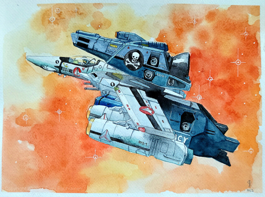 1boy 2023 choujikuu_yousai_macross commentary dated energy_cannon english_commentary highres ink_(medium) jolly_roger macross macross:_do_you_remember_love? mecha missile nebula nuclear_weapon painting_(medium) pilot robot robotech roundel samirai scan science_fiction signature space star_(symbol) star_symbol_background thrusters traditional_media u.n._spacy variable_fighter veritech vf-1 vf-1_strike vf-1s watercolor_(medium)