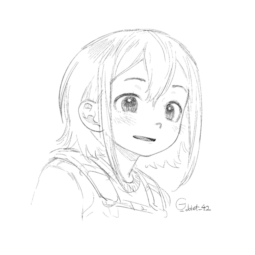 1girl artist_name asakusa_midori black_eyes blush commentary crosshatching eizouken_ni_wa_te_wo_dasu_na! goblet_42 greyscale hatching_(texture) lineart monochrome short_hair simple_background solo white_background
