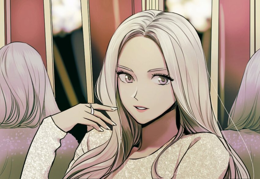 1girl animification blonde_hair close-up commentary_request dress eunha_(gfriend) gfriend izzi315 jewelry k-pop korean_commentary long_hair long_sleeves looking_to_the_side loose_hair_strand makeup mascara mirror pink_lips real_life reflection ring solo upper_body white_nails
