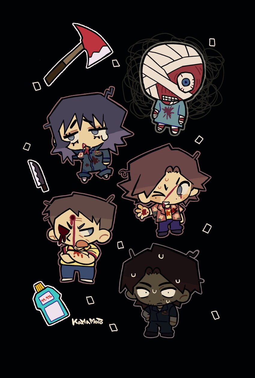 &gt;_o 1girl 4boys :d absurdres anya_(mouthwashing) artist_name axe bandaged_arm bandages beard_stubble black_hair blood blood_from_mouth blood_on_clothes blood_on_face blue_eyes blue_jacket blue_jumpsuit blue_pants brown_eyes brown_hair chibi closed_mouth collared_shirt confetti crossed_arms crying crying_with_eyes_open curly_(mouthwashing) curly_(post-crash)_(mouthwashing) daisuke_(mouthwashing) death empty_eyes facial_hair fire_axe floral_print_shirt frown full_body grin highres jacket jimmy_(mouthwashing) jumpsuit kamamoto_(tiromi_nana7) knife long_sleeves missing_eye mouthwash mouthwashing multiple_boys no_skin nosebleed one_eye_closed open_clothes open_mouth open_shirt pants red_shirt shirt short_hair short_sleeves simple_background single_tear smile spoilers stubble swansea_(mouthwashing) sweat tears undershirt white_background wing_collar yellow_shirt