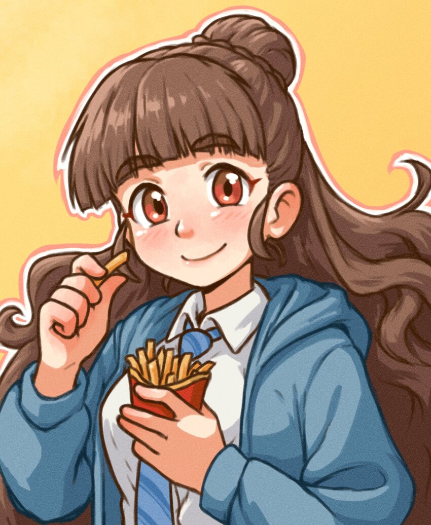 1girl absurdres beachepisode blue_jacket blue_necktie blunt_bangs blush breasts closed_mouth collared_shirt food french_fries highres holding holding_food idolmaster idolmaster_cinderella_girls jacket kamiya_nao long_hair long_sleeves medium_breasts necktie red_eyes shirt simple_background smile solo upper_body white_shirt yellow_background