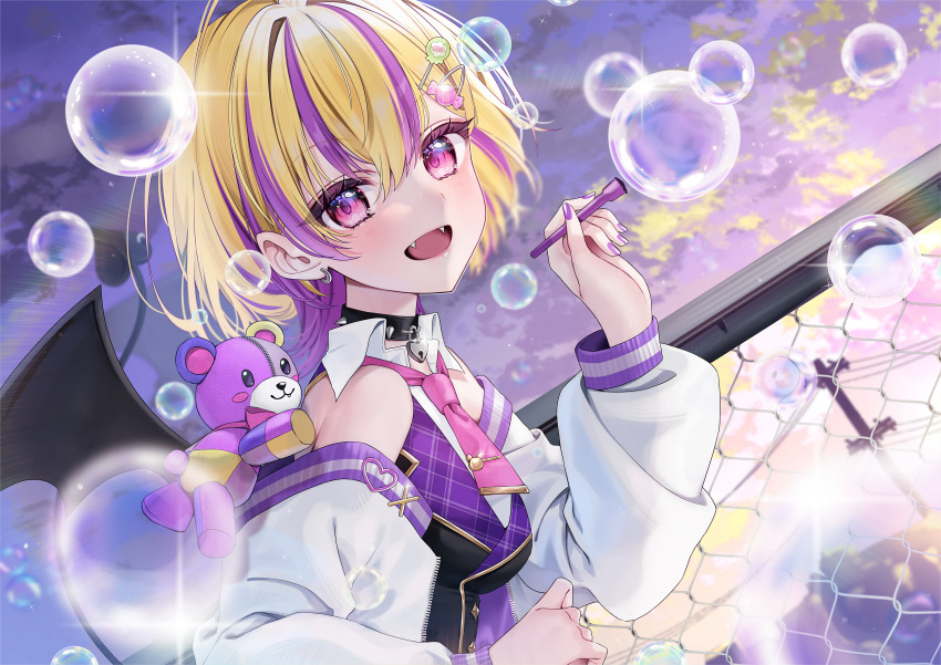 1girl absurdres aziki_yohane black_collar blonde_hair bow bowtie brave_group bubble bubble_pipe chain-link_fence collar demon_tail demon_wings detached_sleeves ear_piercing fangs fence hair_ornament hairclip hand_up highres long_sleeves looking_at_viewer multicolored_hair open_mouth piercing pink_bow pink_bowtie purple_eyes purple_hair purple_nails soap_bubbles sparkle stuffed_animal stuffed_toy tail teddy_bear two-tone_hair wings yuuyu_(moco20111115)