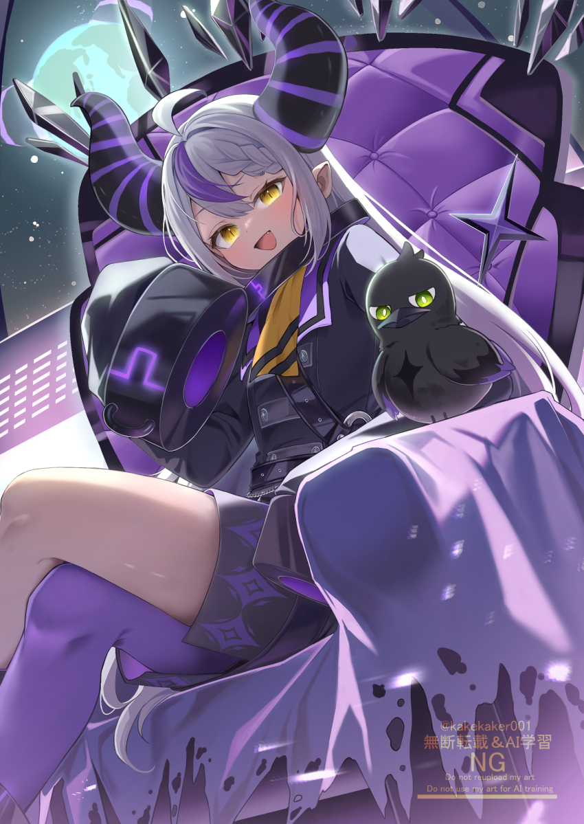 1girl ahoge ascot asymmetrical_bangs black_coat black_horns blush braid braided_bangs breasts center-flap_bangs coat commentary crossed_legs crow_(la+_darknesss) cuffs demon_horns double-parted_bangs earth_(planet) fang feet_out_of_frame grey_hair highres hololive horns kakeru_(kakekaker001) la+_darknesss la+_darknesss_(1st_costume) large_horns long_hair looking_at_viewer multicolored_hair multicolored_horns open_mouth pantyhose planet purple_hair purple_horns purple_pantyhose science_fiction shackles single_leg_pantyhose sitting sleeves_past_fingers sleeves_past_wrists slit_pupils small_breasts smile solo space spacecraft spacecraft_interior streaked_hair striped_horns throne two-tone_hair two-tone_horns virtual_youtuber watermark yellow_ascot yellow_eyes