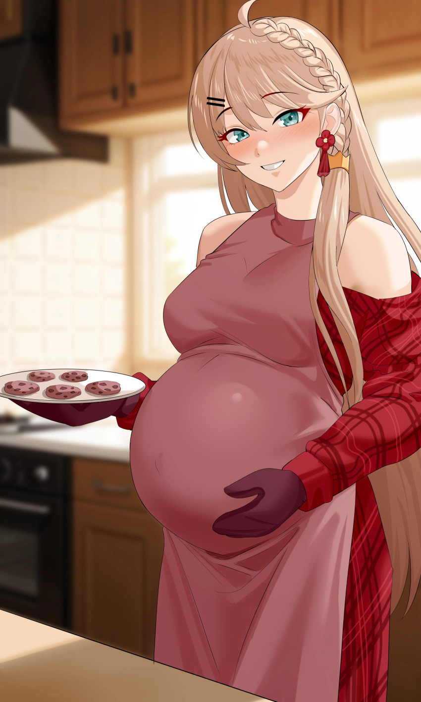 1girl absurdres apron azur_lane bare_shoulders blonde_hair blue_eyes blush braid breasts commission cookie cowboy_shot earrings eyeshadow food hair_between_eyes hair_ornament hairclip hand_on_own_stomach highres holding holding_plate howe_(azur_lane) howe_(noble_rouge)_(azur_lane) jewelry kitchen large_breasts long_hair looking_at_viewer makeup oven_mitts parted_lips plate pregnant red_eyeshadow smile sunlight toy_bits