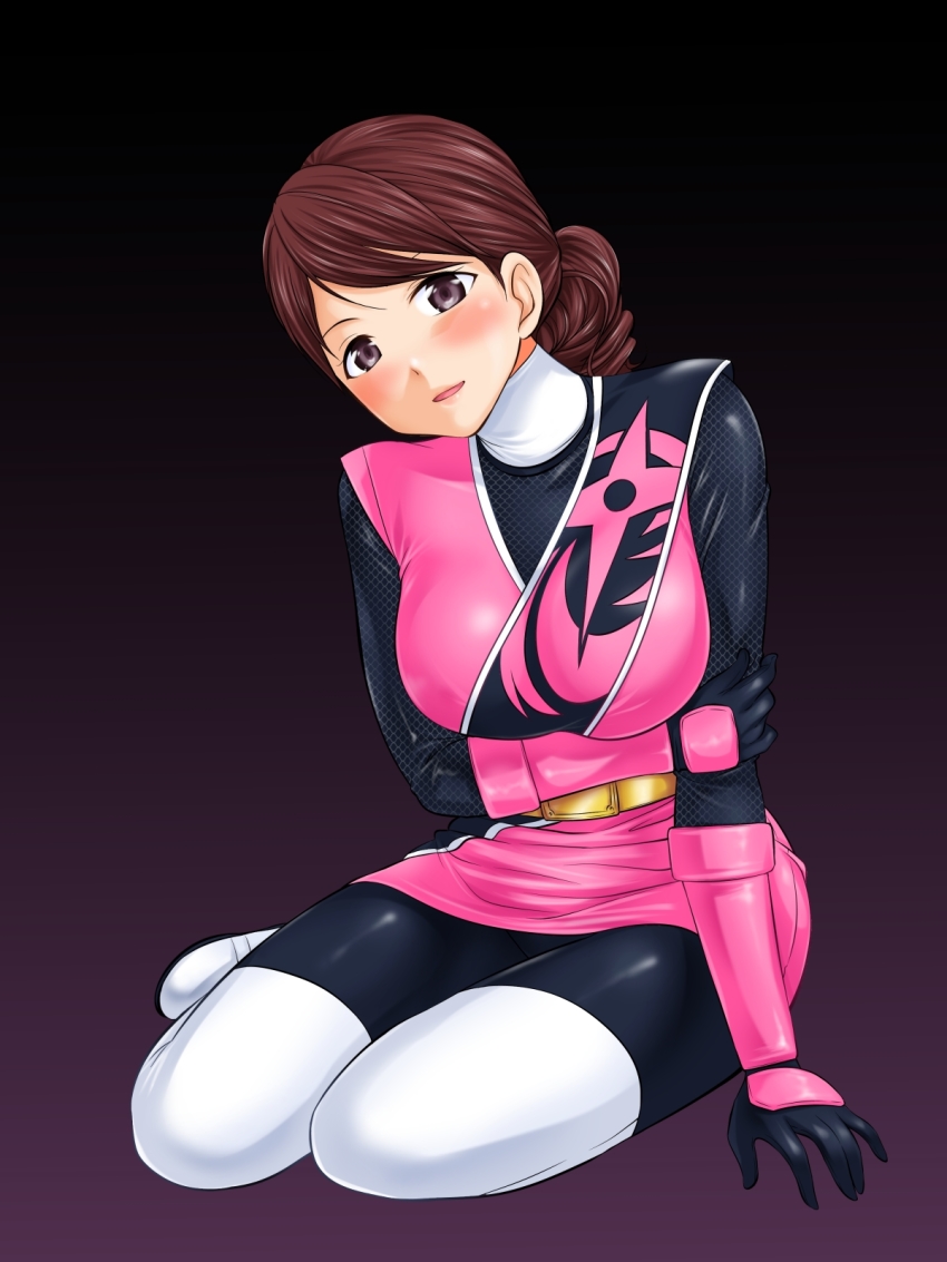 1girl abe_tsukumo brown_hair highres kneeling momochi_kasumi purple_eyes shuriken_sentai_ninninger super_sentai