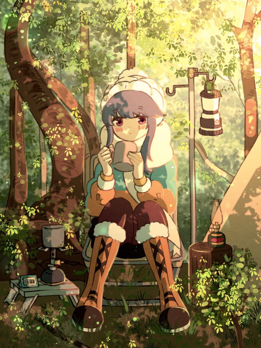 1girl :o backpacking_stove beanie blue_hair blush boots brown_pants camping camping_chair clock coffee_mug cup dappled_sunlight digital_clock fur-trimmed_boots fur_trim grass green_jacket hat highres holding holding_cup jacket knee_boots lamp long_sleeves looking_at_viewer mug multicolored_jacket nature orange_jacket outdoors pants parted_lips portable_stove purple_eyes scarf shima_rin sidelocks sitting solo sunlight tent time tree white_hat white_scarf winter_clothes ycdmpoo yurucamp