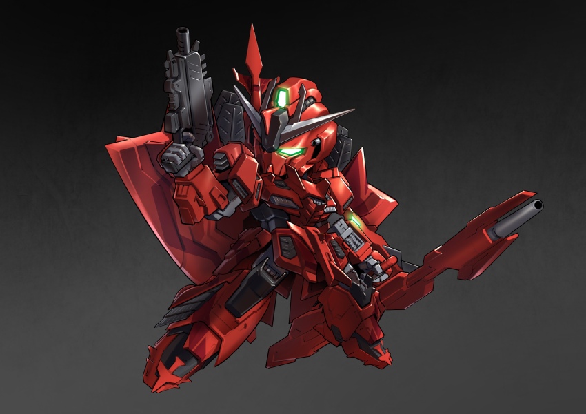 absurdres beam_cannon beam_rifle chibi chinese_commentary commentary_request energy_gun glowing glowing_eyes gradient_background green_eyes grey_background gun gundam gundam_evolve highres holding holding_gun holding_weapon hyper_mega_launcher making-of_available mecha mecha_focus no_humans robot science_fiction sd_gundam solo v-fin weapon zakuma zeta_gundam_p2/3c_type