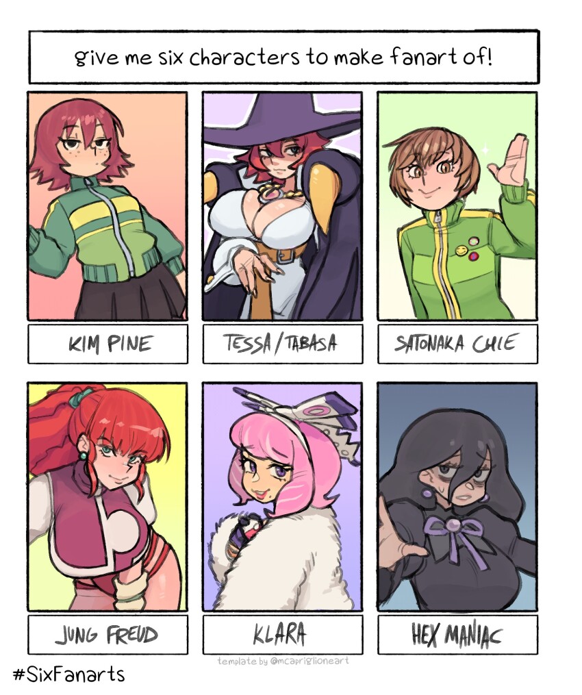 6+girls amulet bags_under_eyes black_dress black_hair bob_cut breasts brown_eyes brown_hair cape character_name cleavage dress earrings fingernails flipped_hair fur_jacket game_freak gloves green_eyes green_jacket hair_between_eyes hairband hand_up hands_up hat hex_maniac_(pokemon_legends:_z-a) highres holding holding_poke_ball jacket jewelry juliet_sleeves jung_freud karu_184 kim_pine klara_(pokemon) large_breasts leotard lipstick long_fingernails long_hair long_sleeves low_neckline makeup mole mole_under_mouth multiple_drawing_challenge multiple_girls neck_ribbon necklace nintendo parted_lips persona persona_4 pink_hair pink_leotard pink_lips poke_ball poke_ball_(basic) pokemon pokemon_swsh ponytail puffy_sleeves purple_cape purple_eyes purple_hat purple_ribbon red_hair ribbon satonaka_chie scott_pilgrim_(series) sharp_fingernails short_hair single_glove six_fanarts_challenge smile sphere_earrings tabasa top_wo_nerae! top_wo_nerae!_(series) track_jacket warzard waving white_hairband witch witch_hat