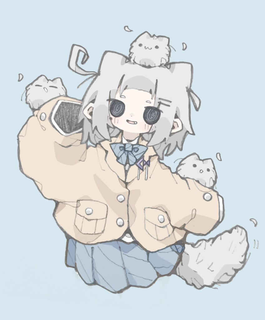 1girl :3 @_@ absurdres arm_up blue_background blue_skirt buttons collared_jacket commentary_request facing_viewer fang hair_ears hair_ornament hairpin highres jacket long_sleeves medium_hair messy_hair mole nikamoka original pocket simple_background skirt sleeves_past_fingers sleeves_past_wrists solo tail yellow_jacket