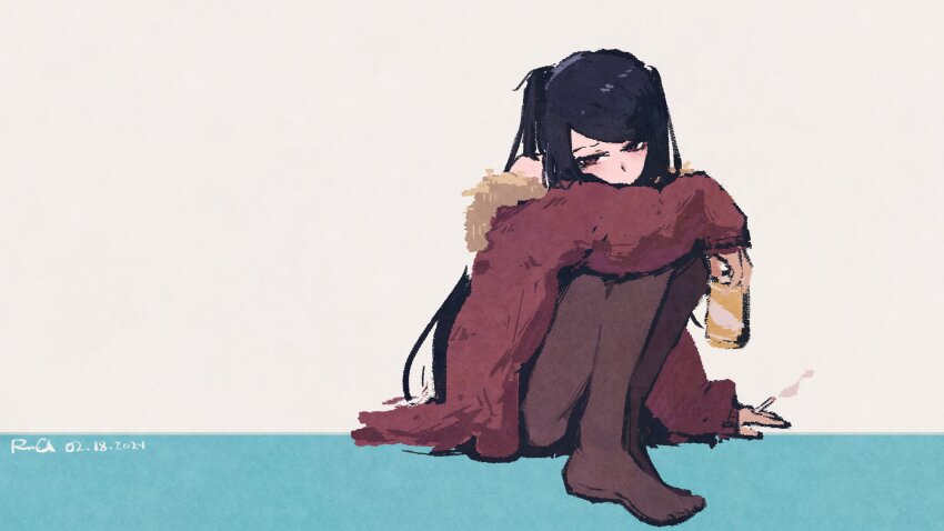 1girl absurdres black_pantyhose can cigarette commentary dated english_commentary fur-trimmed_jacket fur_trim highres holding holding_can holding_cigarette hugging_own_legs jacket jill_stingray long_hair pantyhose purple_hair red_eyes red_jacket rnna signature simple_background sitting solo twintails va-11_hall-a