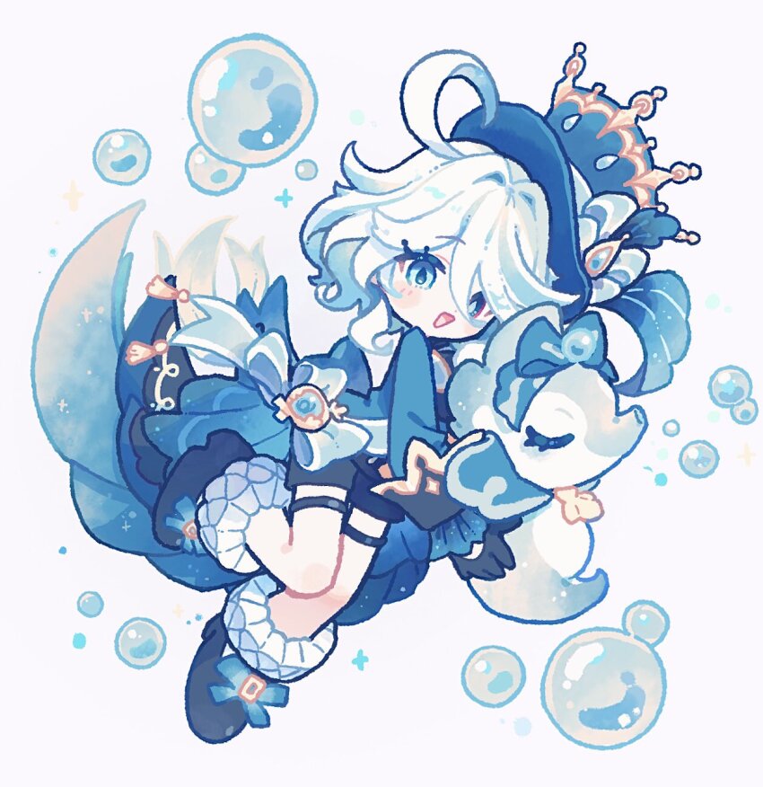 1girl ahoge animal black_shorts blue_coat blue_eyes blue_hat blue_shoes blush bubble chibi coat commentary furina_(genshin_impact) genshin_impact harukui hat highres holding holding_animal leg_up looking_at_viewer open_mouth shoes short_hair shorts simple_background smile socks solo surintendante_chevalmarin tailcoat thigh_strap top_hat white_background white_hair white_socks