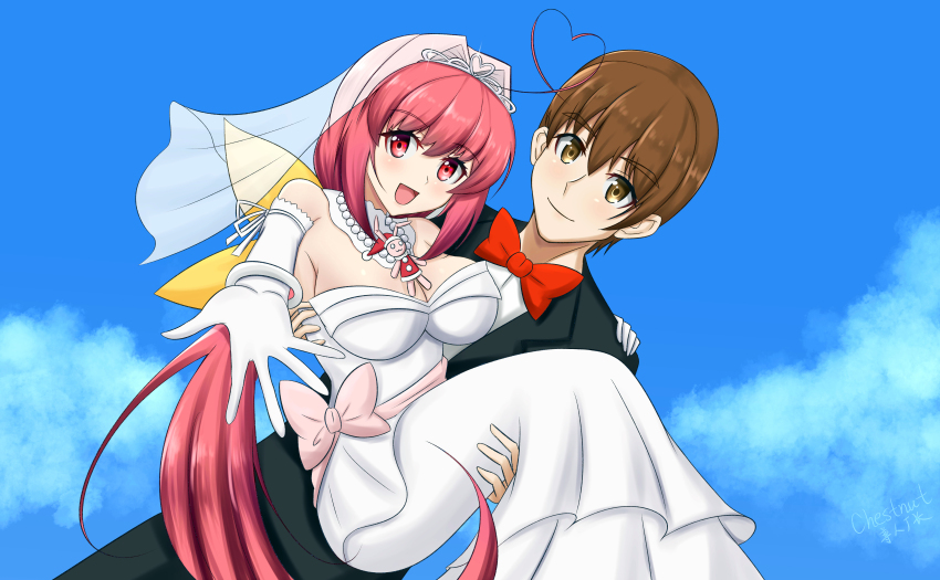 1boy 1girl :d absurdres ahoge bow bridal_veil bride brown_eyes brown_hair carrying chestnut95 dress elbow_gloves gloves groom hair_bow heart heart_ahoge hetero highres husband_and_wife kagami_sumika long_hair looking_at_viewer low_ponytail muv-luv open_mouth ponytail princess_carry red_eyes red_hair shirogane_takeru smile strapless strapless_dress tiara tuxedo veil wedding wedding_dress white_dress