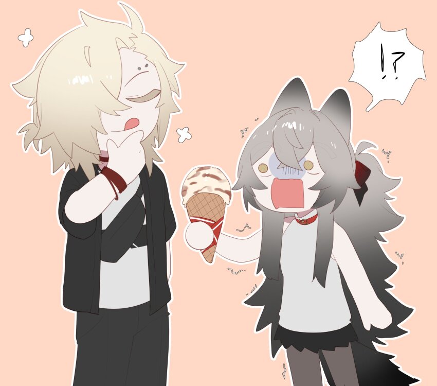 !? 1boy 1girl animal_ears black_jacket black_pants black_skirt blonde_hair brown_background brown_eyes brown_pantyhose chibi closed_eyes collar degrees_of_lewdity eyebrow_piercing grey_hair hair_over_one_eye highres holding holding_ice_cream_cone ice_cream_cone jacket kai_(drakkai10) long_hair looking_at_another open_clothes open_jacket original pants pantyhose piercing red_collar shirt shoya_(kai_(drakkai10)) simple_background skirt solid_eyes speech_bubble surprised white_shirt whitney_(degrees_of_lewdity) whitney_(male)_(degrees_of_lewdity)