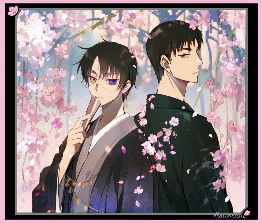 2boys back-to-back black_border black_kimono border brown_hair cherry_blossoms clenched_hand closed_mouth doumeki_shizuka falling_petals flower folded_fan folding_fan glasses green_kimono hair_between_eyes hand_fan hand_up heterochromia highres holding holding_fan index_finger_raised japanese_clothes kimono layered_sleeves long_sleeves looking_at_viewer male_focus multiple_boys parted_lips patterned_clothing petals pink_border pink_flower rimless_eyewear shirt shusuzu tree twitter_username undershirt watanuki_kimihiro white_shirt xxxholic yellow_eyes